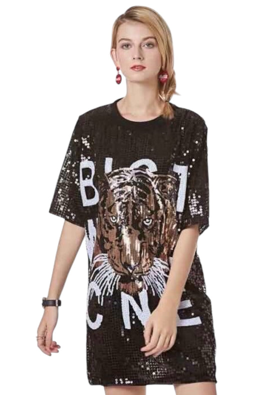 Black Tiger Sequin T-Shirt Dress