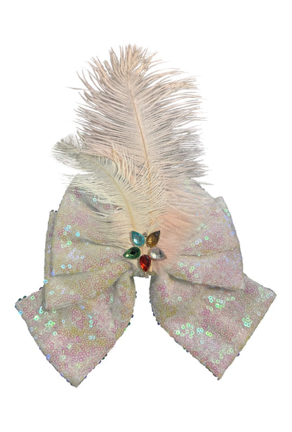 White Sequin Bow With Feather