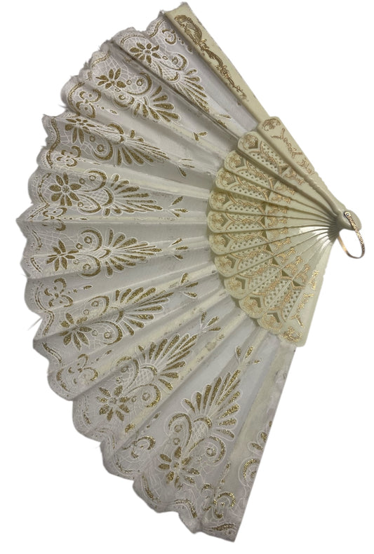 Cream and Gold Hand Fan With Gold Glitter Flowers (G)