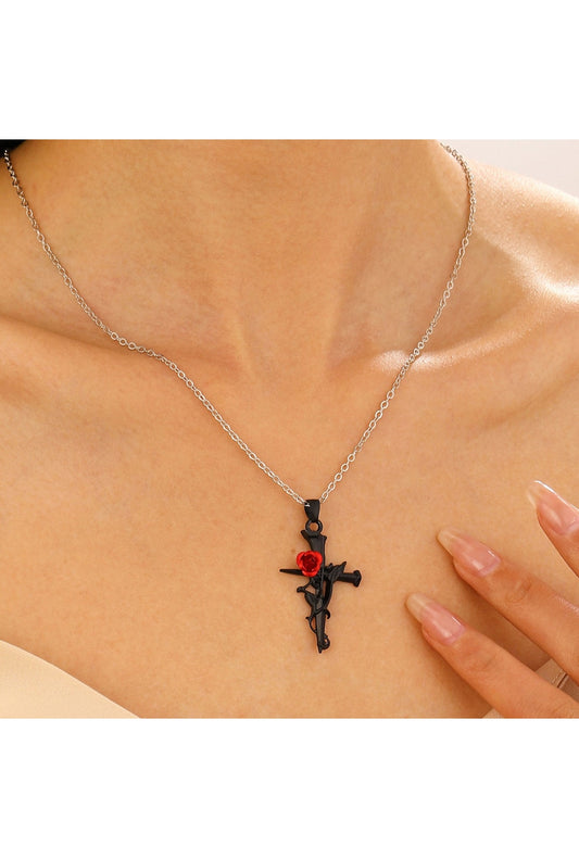 Black Cross With Rose Gothic Necklace