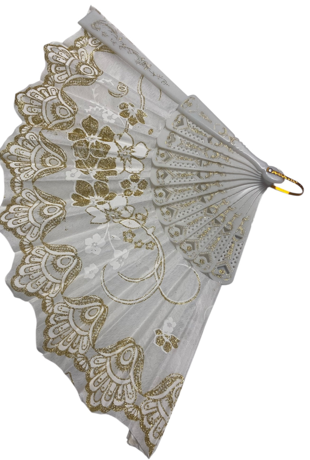 White and Gold Hand Fan With Gold Glitter (C)