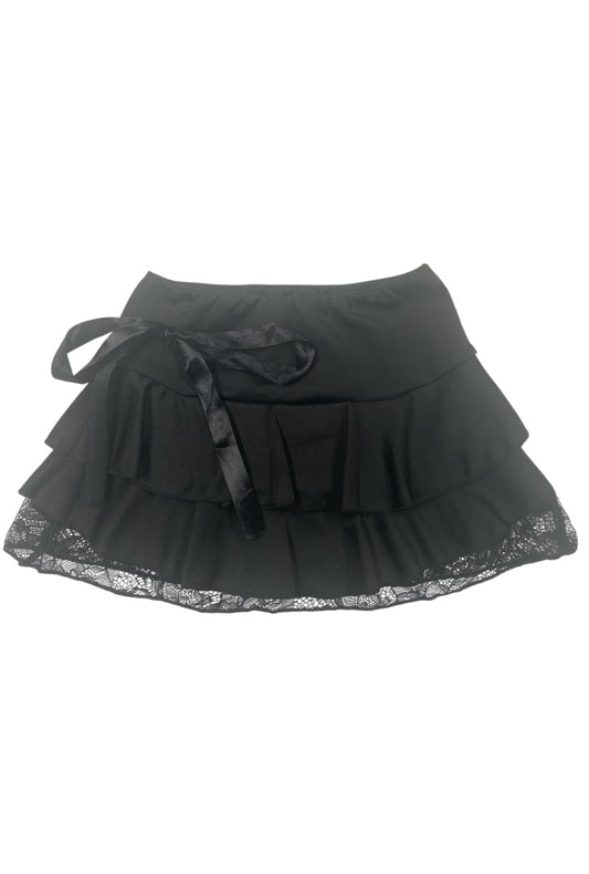 Tiered Black Gothic Mini Skirt With Lace Trim