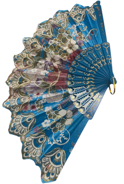 Blue and Gold Hand Fan With Flowers