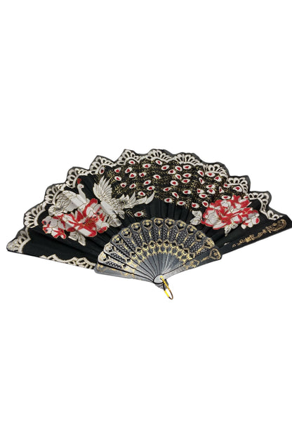 Black and Gold Hand Fan With Peacock and Roses