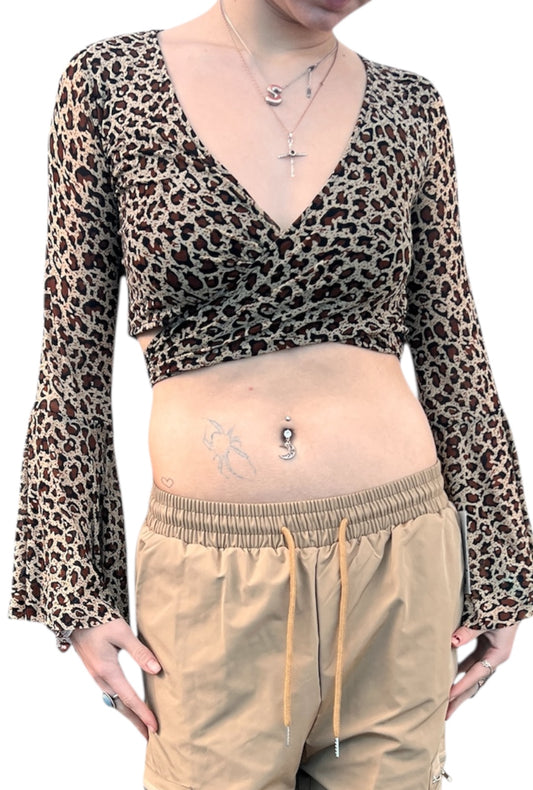 Leopard Bell Sleeve Tie-Up Crop Top