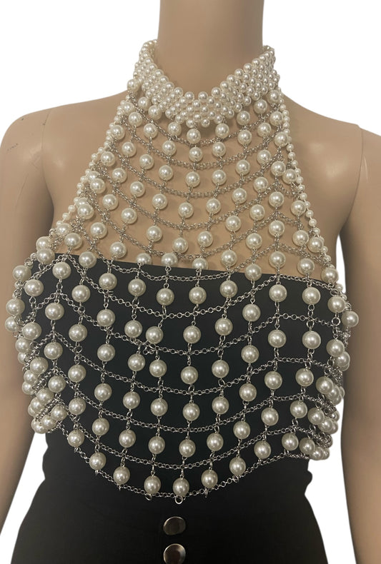 Pearl Beaded Festival Crop Top With Silver Chain
