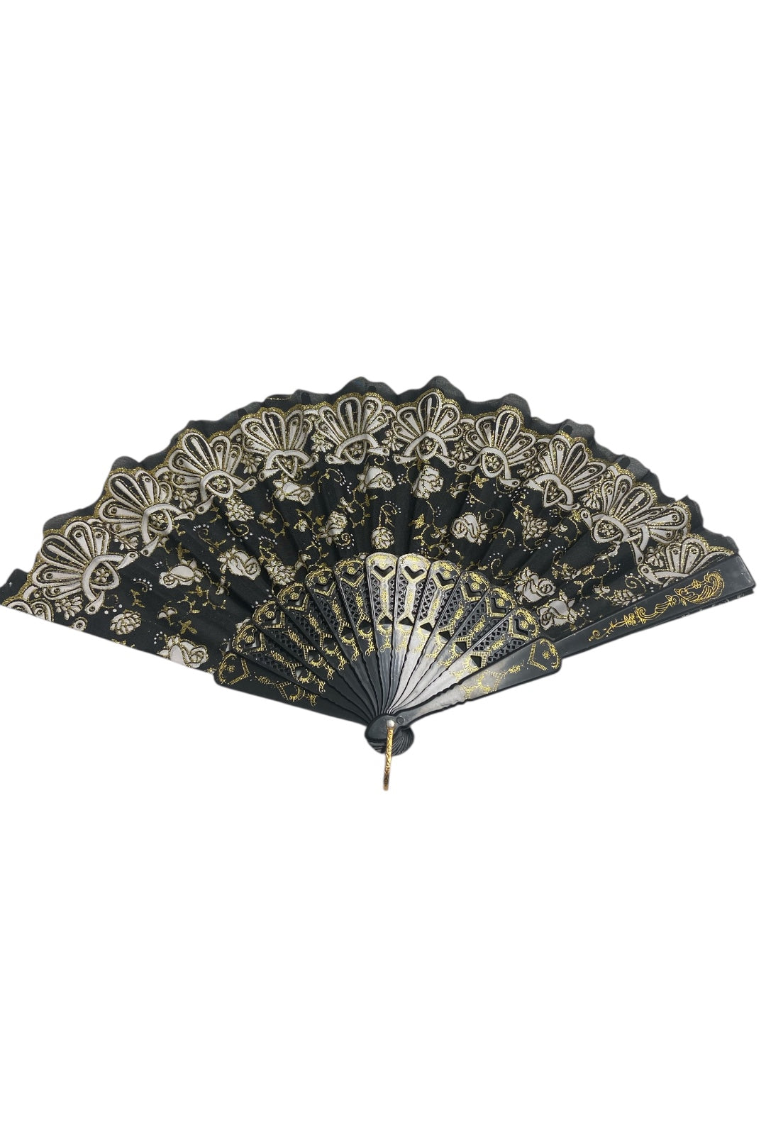Black and Gold Hand Fan With Roses