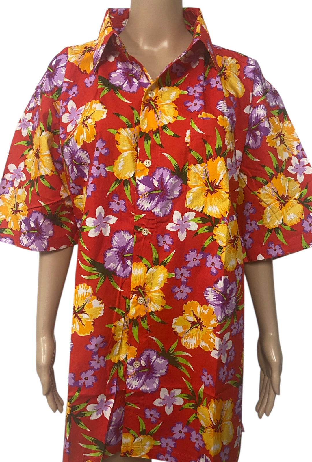 Red Tropical Hibiscus Print Button Down Shirt