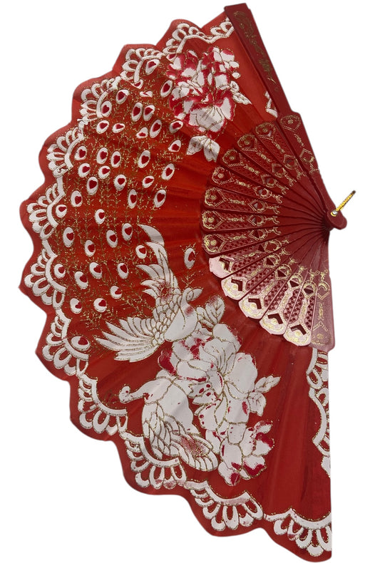 Red and Gold Hand Fan With Peacock and Roses