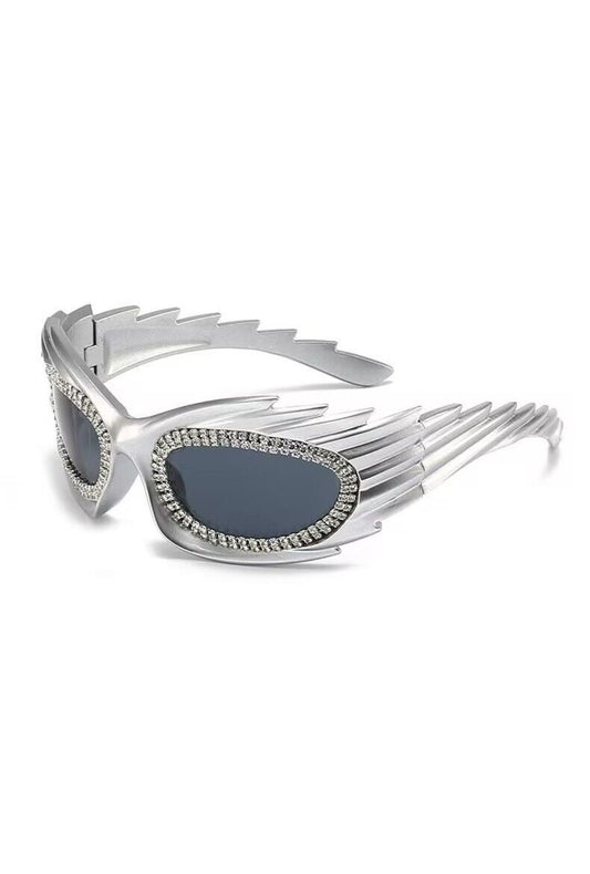 Metallic Silver Rhinestone Futuristic Glasses