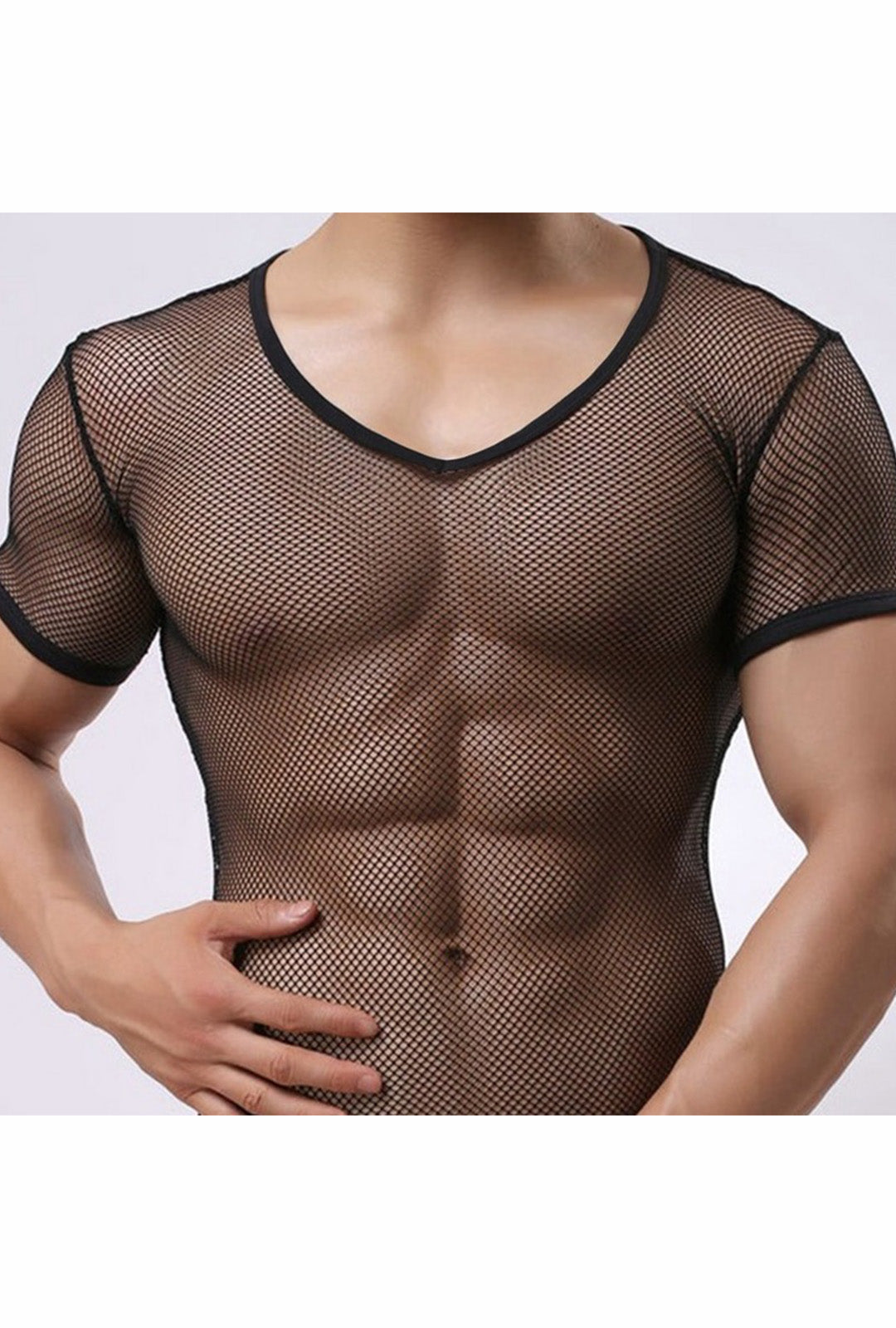 Men's Black Fishnet V-Neck T-Shirt