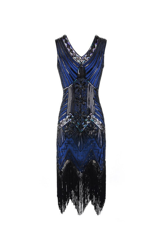 Royal Blue and Black Sequinned 1920s Flapper Dress