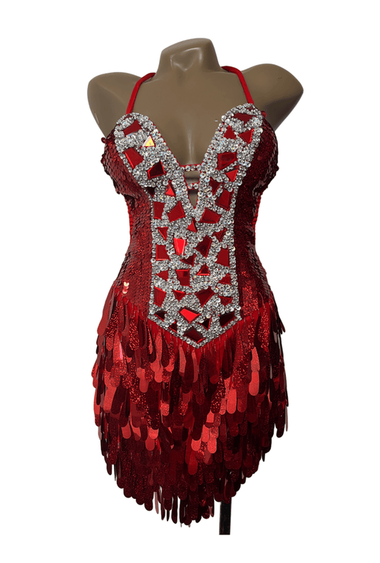 Red & Iridescent Sequin and Rhinestone Dress