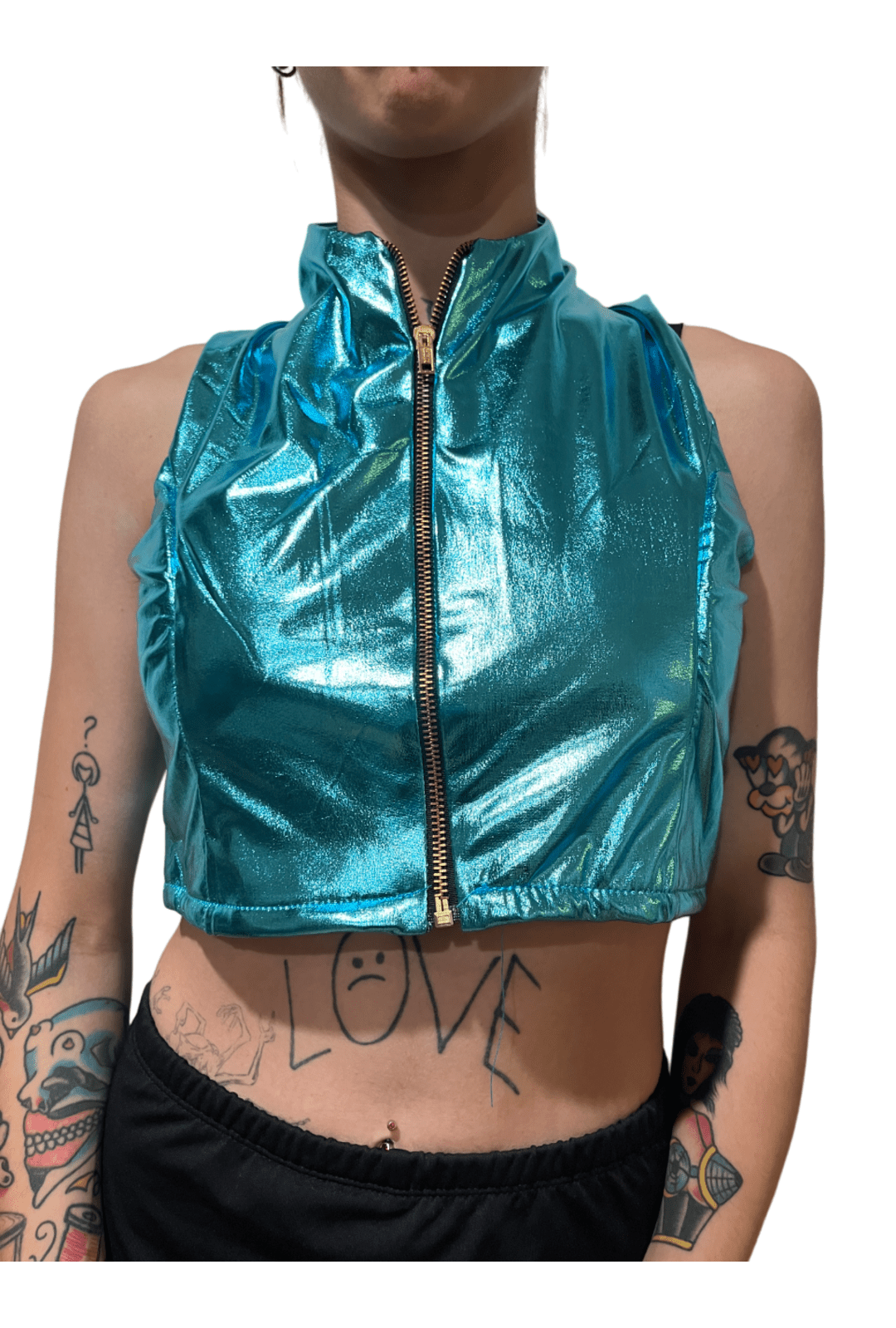 Metallic Aqua Blue Zip Crop Top