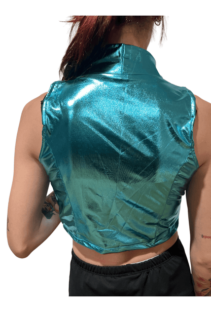 Metallic Aqua Blue Zip Crop Top