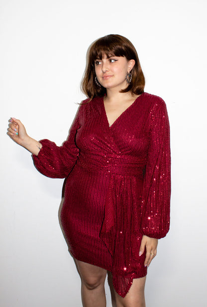 Red Sequin Long Sleeve Wrap Dress
