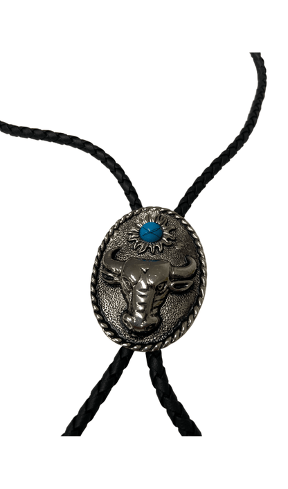 Silver Bull With Turquoise Gem Bolo Tie