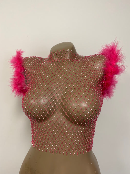 Hot Pink Crystal Mesh Short Sleeve Top with Fluffy Shoulder Trim