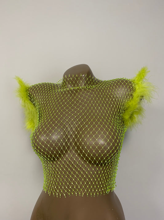Neon Green Crystal Mesh Short Sleeve Top with Fluffy Shoulder Trim