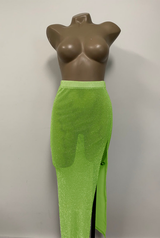 Neon Green Crystal Mesh Midi Skirt
