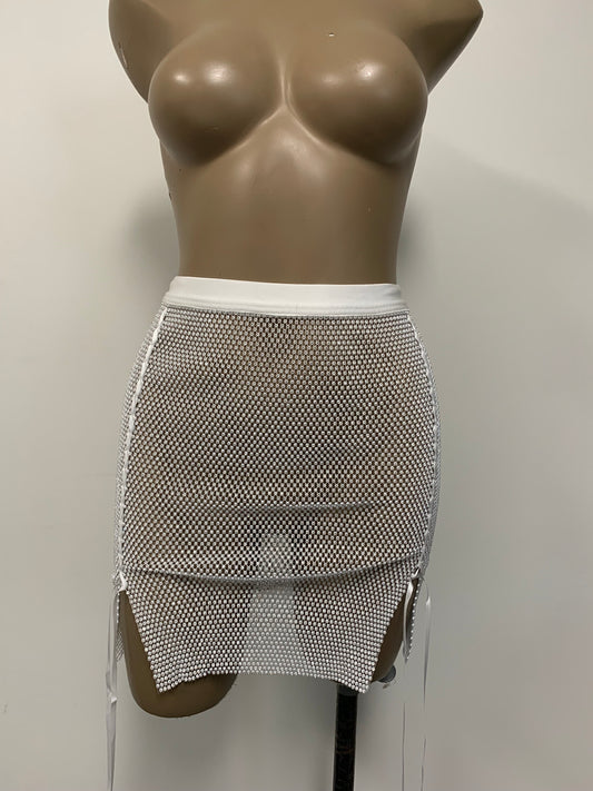 White Lace-Up Crystal Mesh Mini Skirt