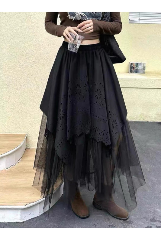 Black Boho Layered Tulle Skirt