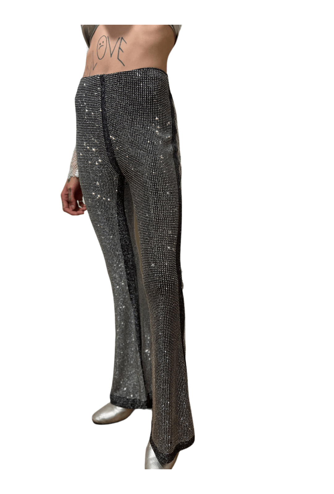 Cascading Rhinestone Pants Black with Silver Rhinestone Flared Pants Perth | Hurly-Burly
