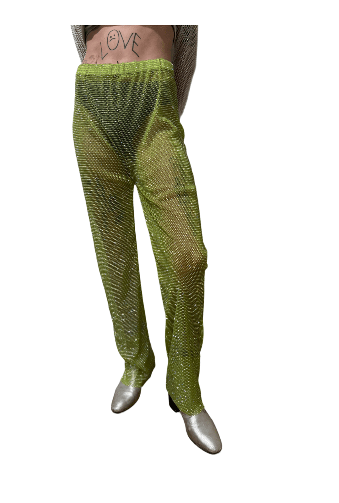 Neon Green Crystal Mesh Pants