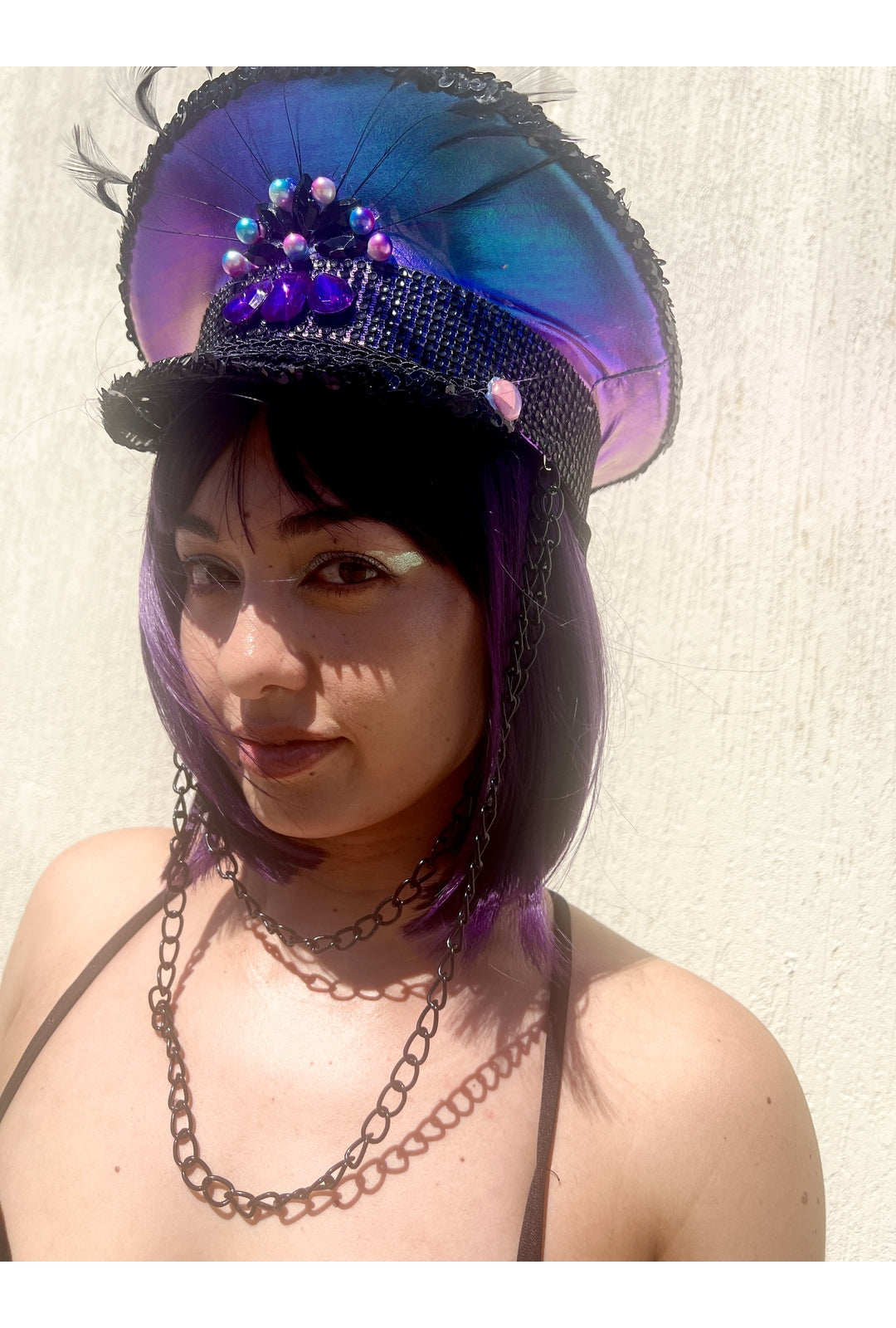 Purple & Black Festival Hat with Long Chain