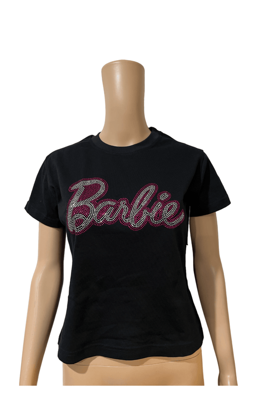 Slightly Cropped Fit Rhinestone Barbie Black T-shirt