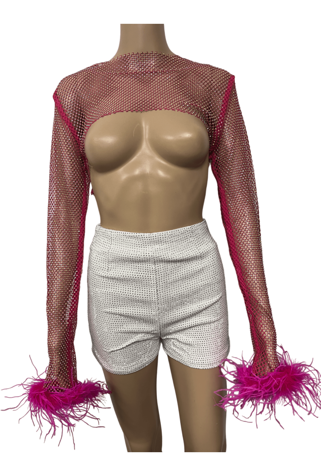 Hot Pink Crystal Ultra-Cropped Shrug Top with Fluffy Trim