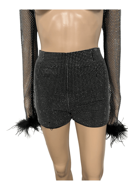 Silver on Black High Waist Rhinestone Booty Shorts