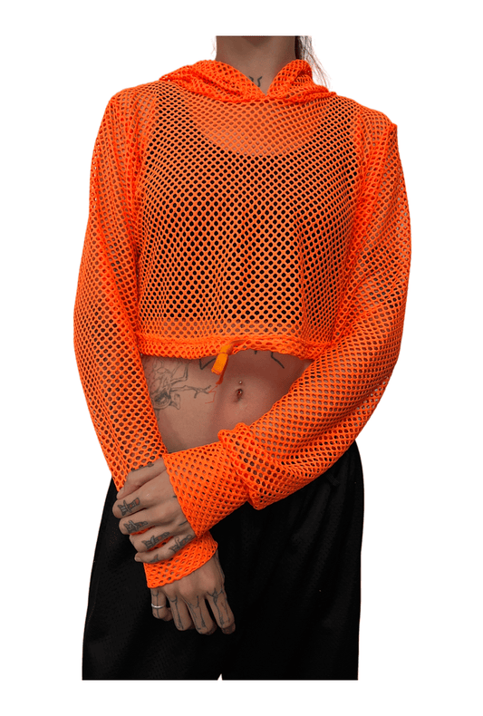 Neon Orange Fishnet Cropped Hoodie