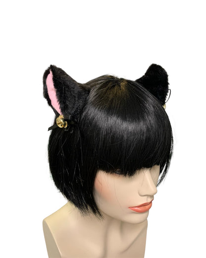 Black Fluffy Clip-In Cat Ears with Black Bows