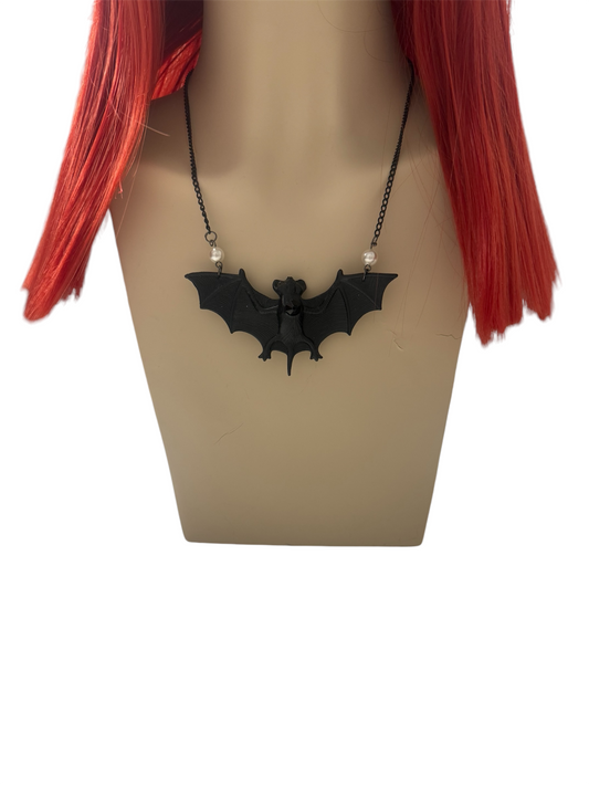 Black Bat with Pearl Bead Necklace