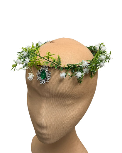 White Floral Circlet with Green Gem