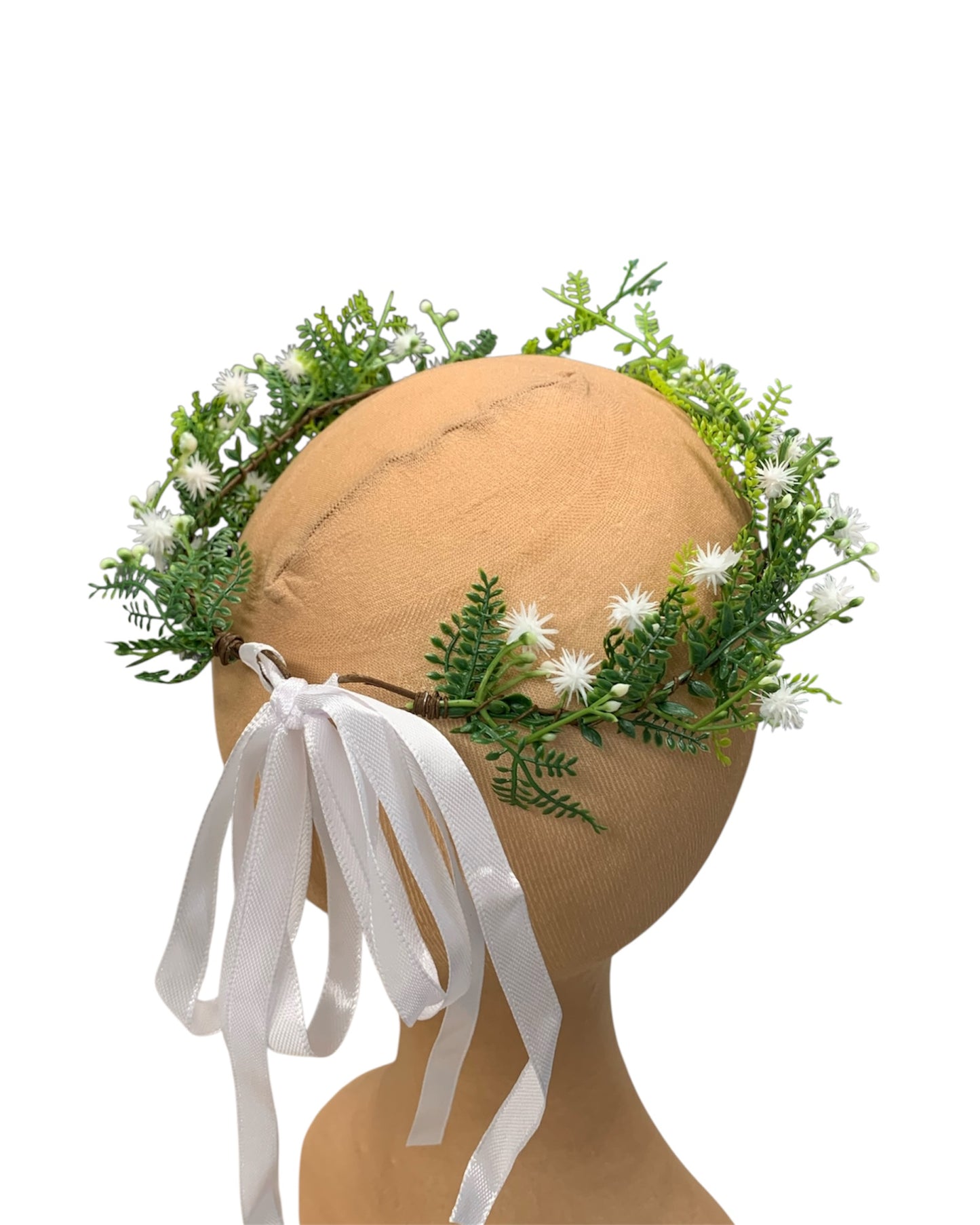 White Floral Circlet with Green Gem