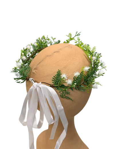 White Floral Circlet with Green Gem