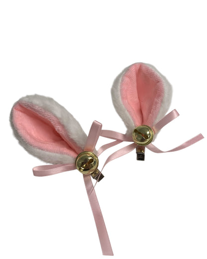 White Fluffy Clip-In Cat Ears with Pink Bows
