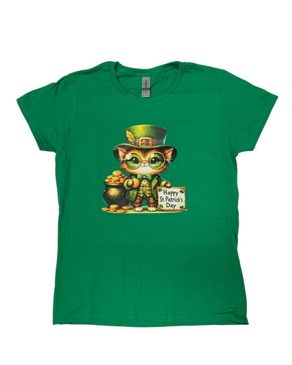 Ladies Happy St Patrick's Day Kitten T-Shirt