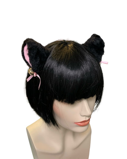 Black Fluffy Clip-In Cat Ears with Pink Bows