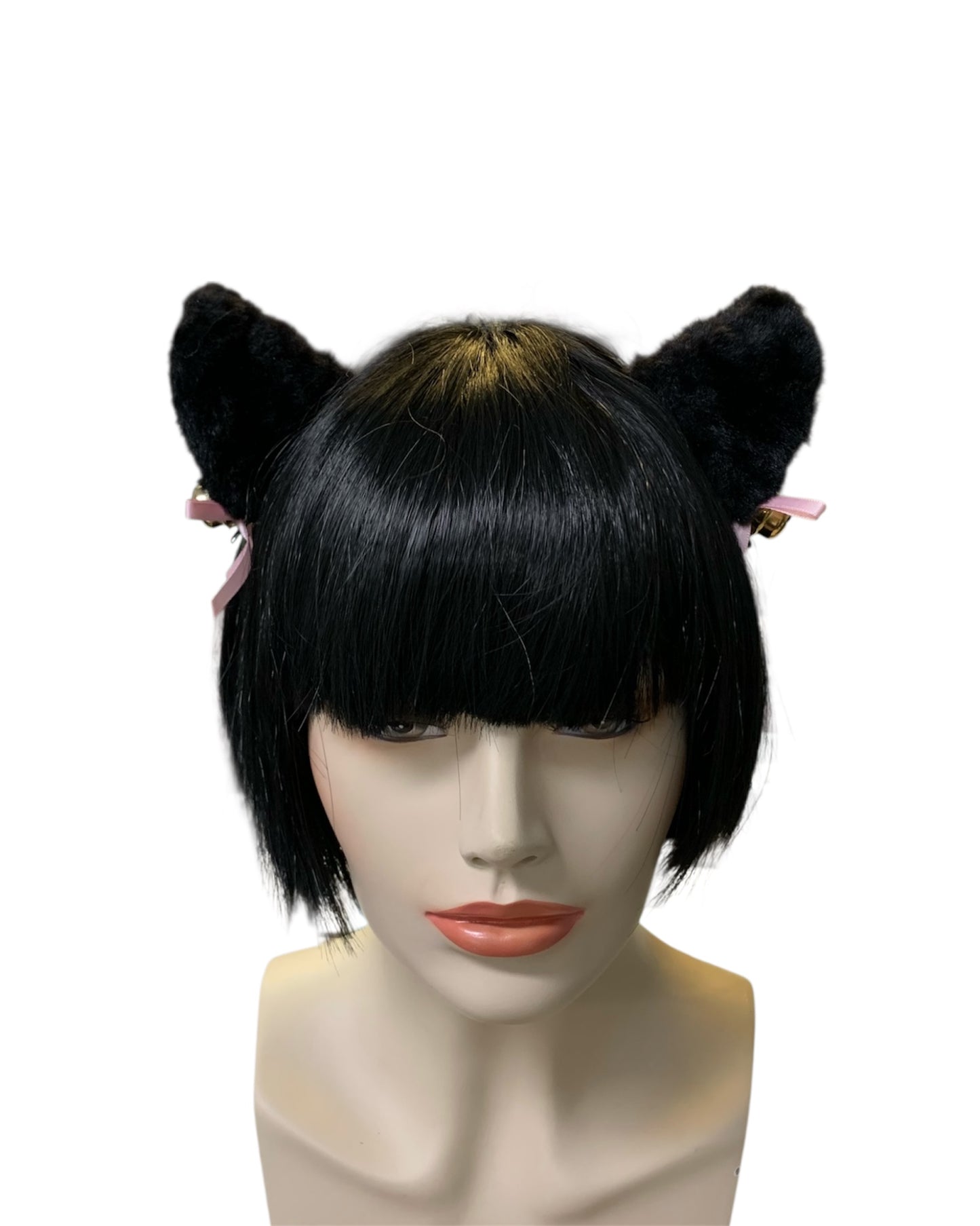 Black Fluffy Clip-In Cat Ears with Pink Bows