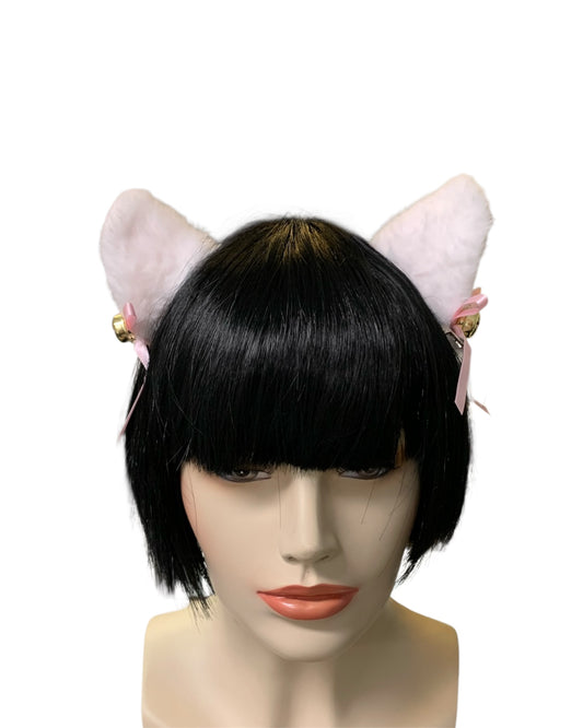 White Fluffy Clip-In Cat Ears with Pink Bows