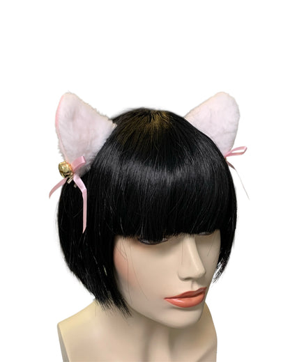 White Fluffy Clip-In Cat Ears with Pink Bows