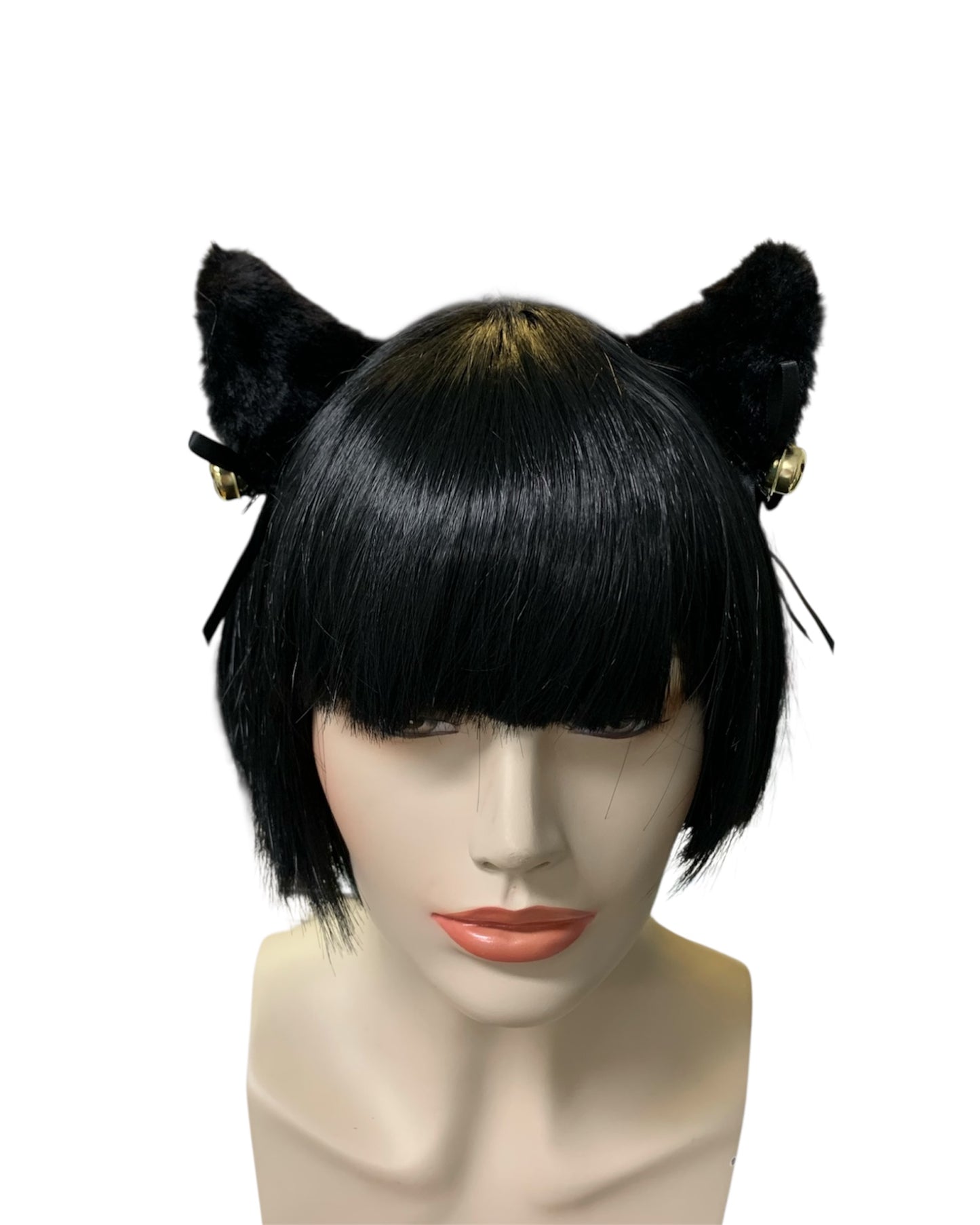 Black Fluffy Clip-In Cat Ears with Black Bows