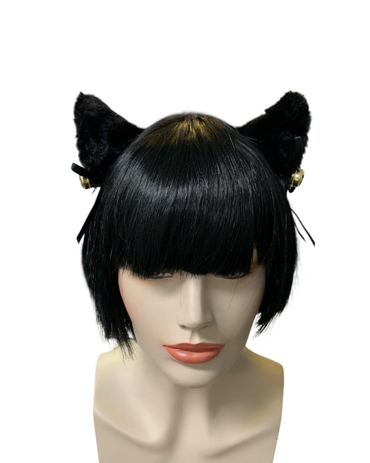 Black Fluffy Clip-In Cat Ears with Black Bows
