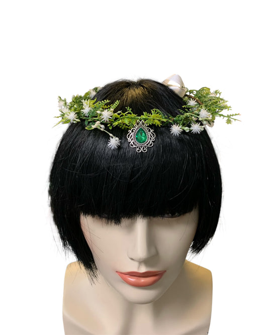 White Floral Circlet with Green Gem