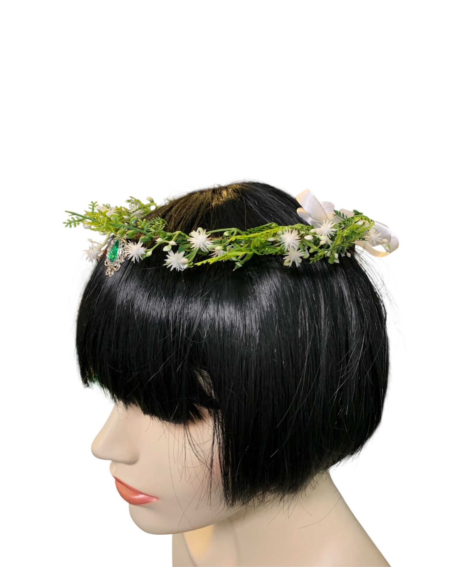 White Floral Circlet with Green Gem