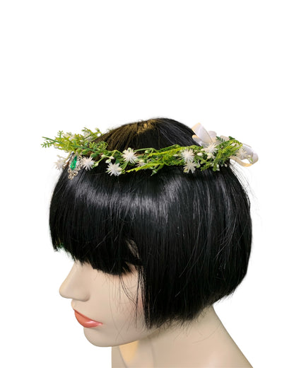 White Floral Circlet with Green Gem