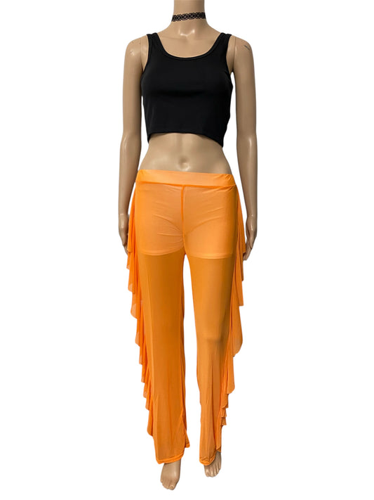 Orange Sheer Mesh Ruffle Pants